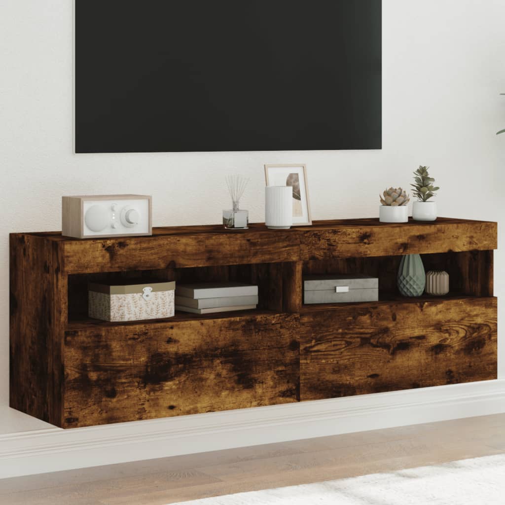 TV Wall Cabinets with LED Lights 2 pcs Smoked Oak 60x30x40 cm - Brittle & Co