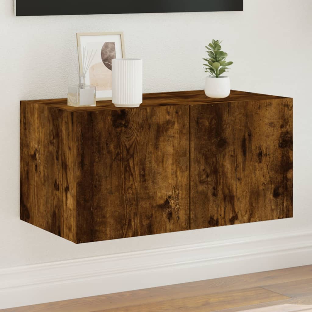 TV Wall Cabinet with LED Lights Smoked Oak 60x35x31 cm - Brittle & Co