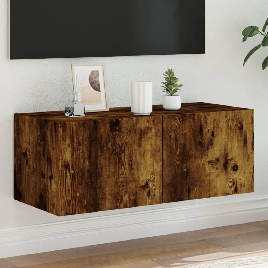 TV Wall Cabinet with LED Lights Smoked Oak 80x35x31 cm - Brittle & Co