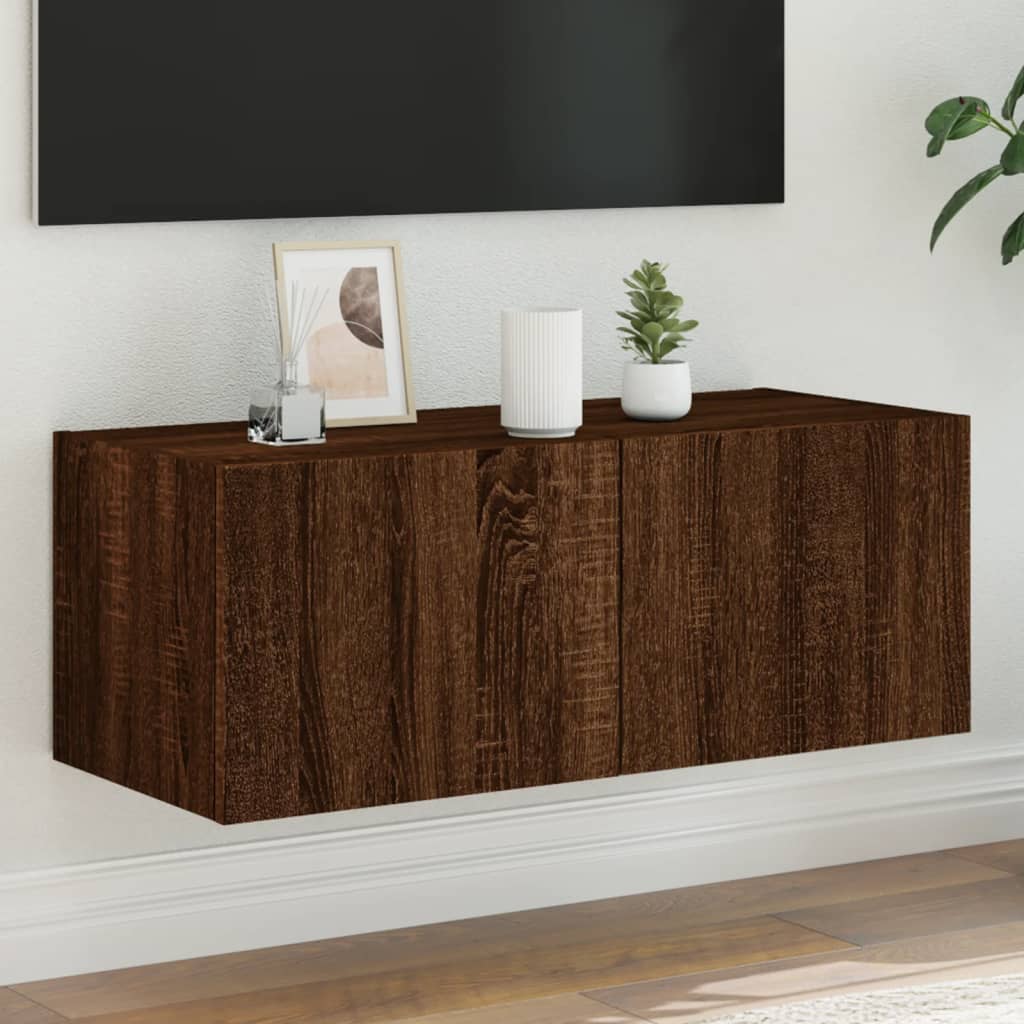 TV Wall Cabinet with LED Lights Brown Oak 80x35x31 cm - Casper Homes