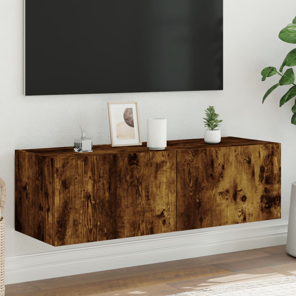 TV Wall Cabinet with LED Lights Smoked Oak 100x35x31 cm - All Things Good