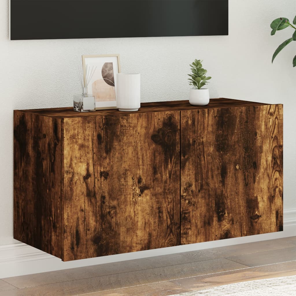TV Wall Cabinet with LED Lights Smoked Oak 80x35x41 cm - All Things Good