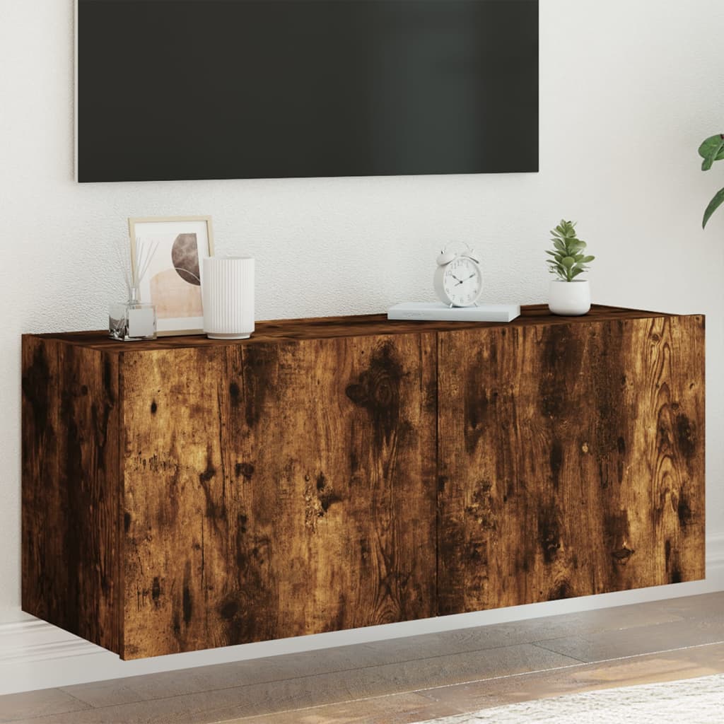 TV Wall Cabinet with LED Lights Smoked Oak 100x35x41 cm - Merlin Deals