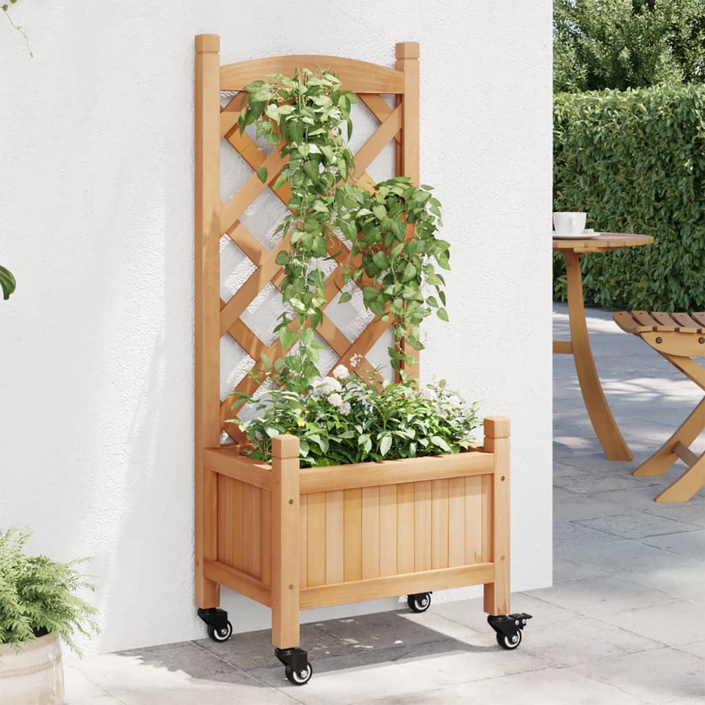 Planter with Trellis and Wheels Brown Solid Wood Fir - Direct Imports