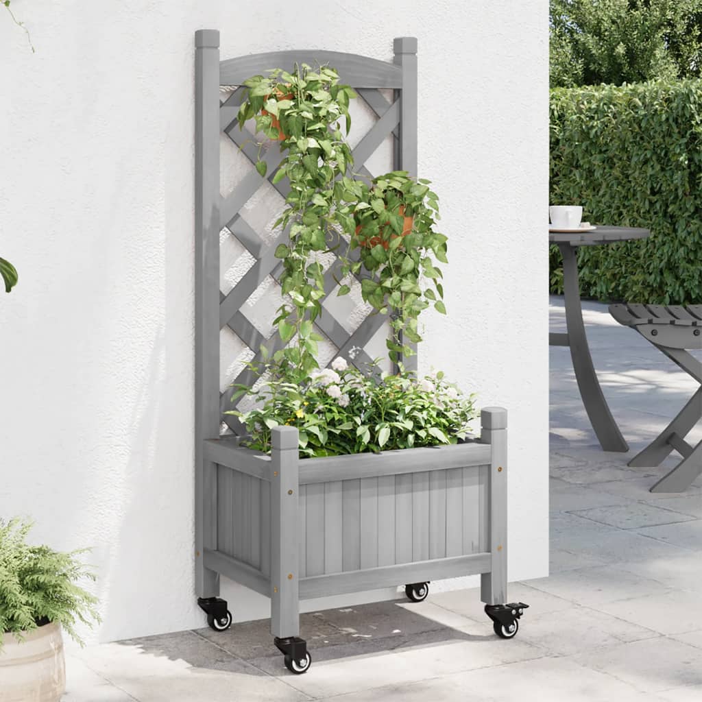 Planter with Trellis and Wheels Grey Solid Wood Fir - Casper Homes