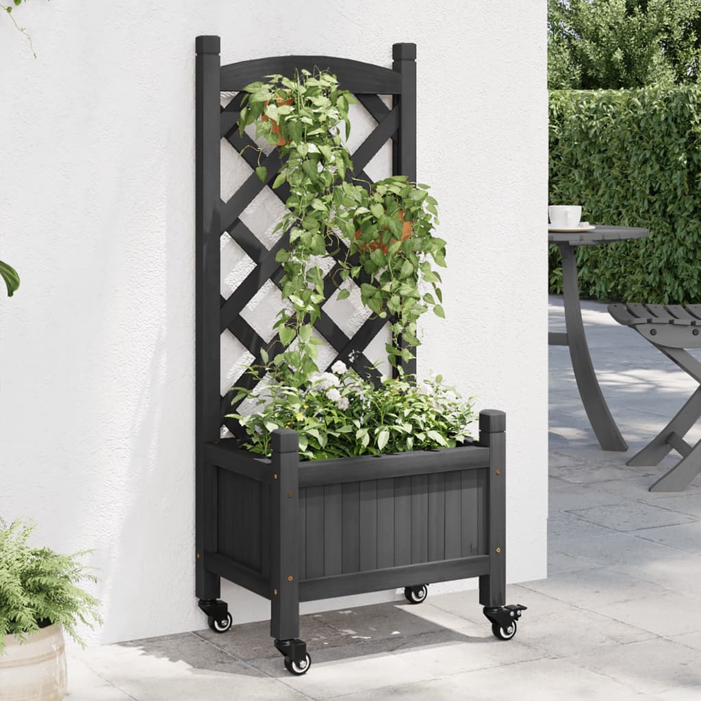 Planter with Trellis and Wheels Black Solid Wood Fir - Direct Imports