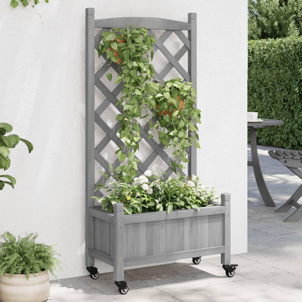 Planter with Trellis and Wheels Grey Solid Wood Fir - Merlin Deals