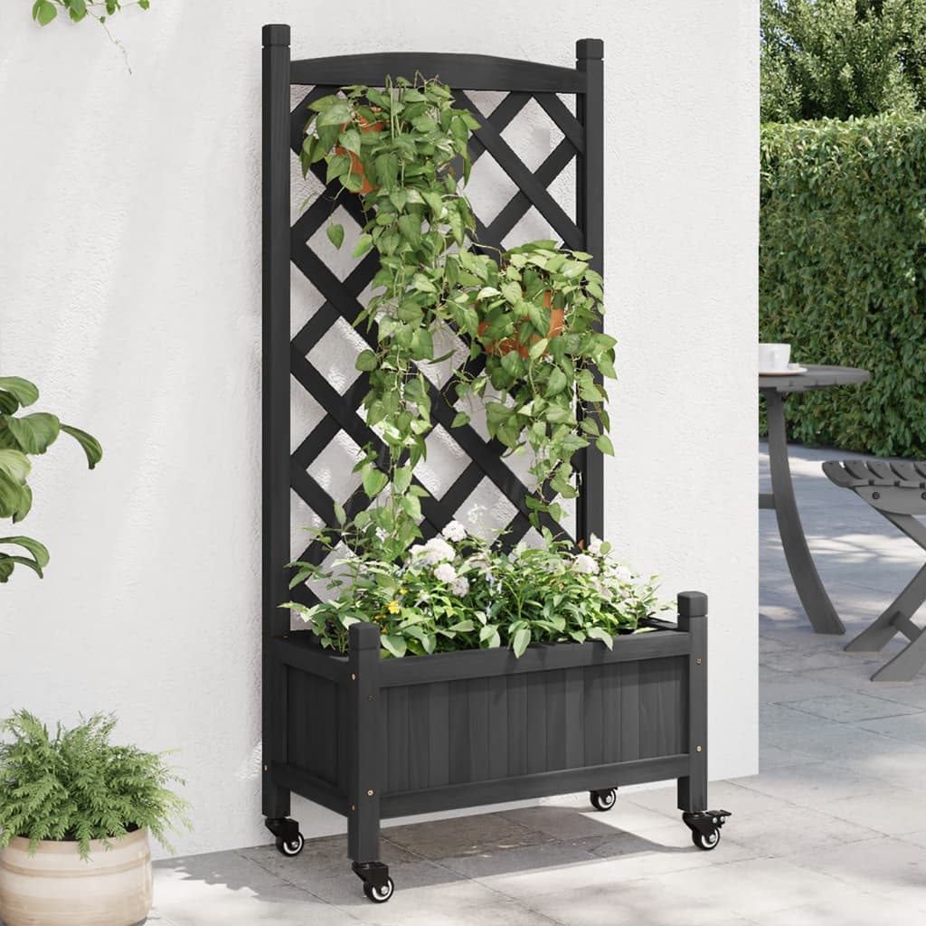 Planter with Trellis and Wheels Black Solid Wood Fir - The Home Maker
