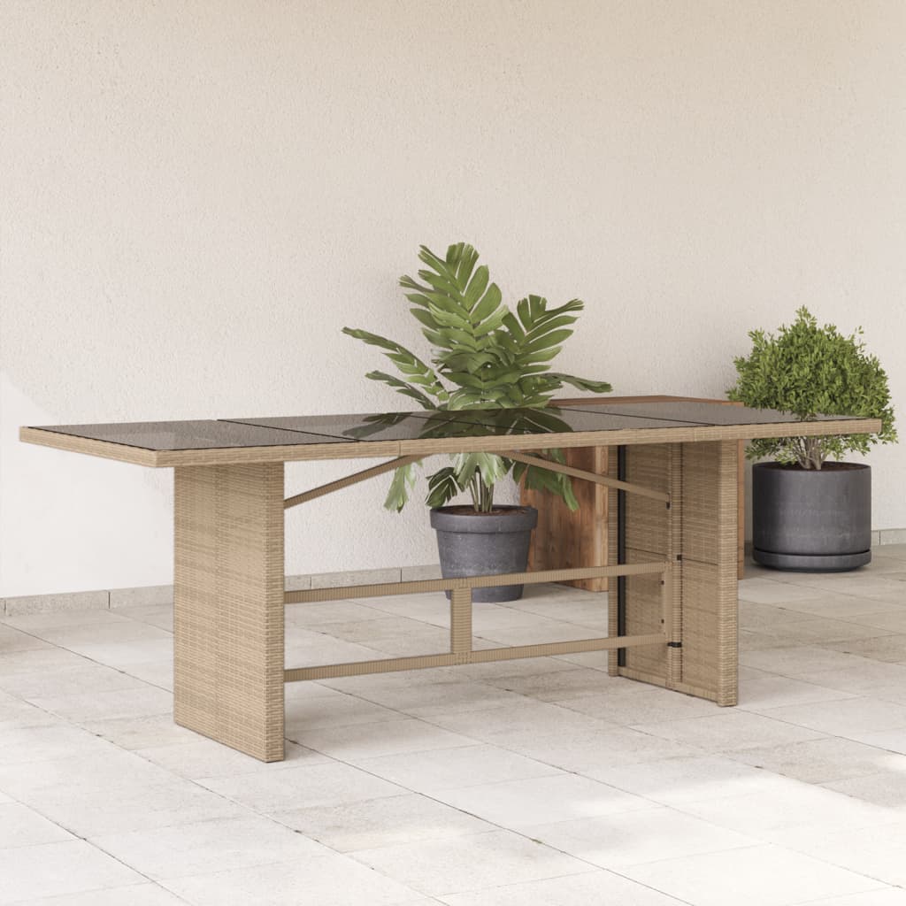 Garden Table with Glass Top Beige 190x80x74 cm Poly Rattan - The Home Maker