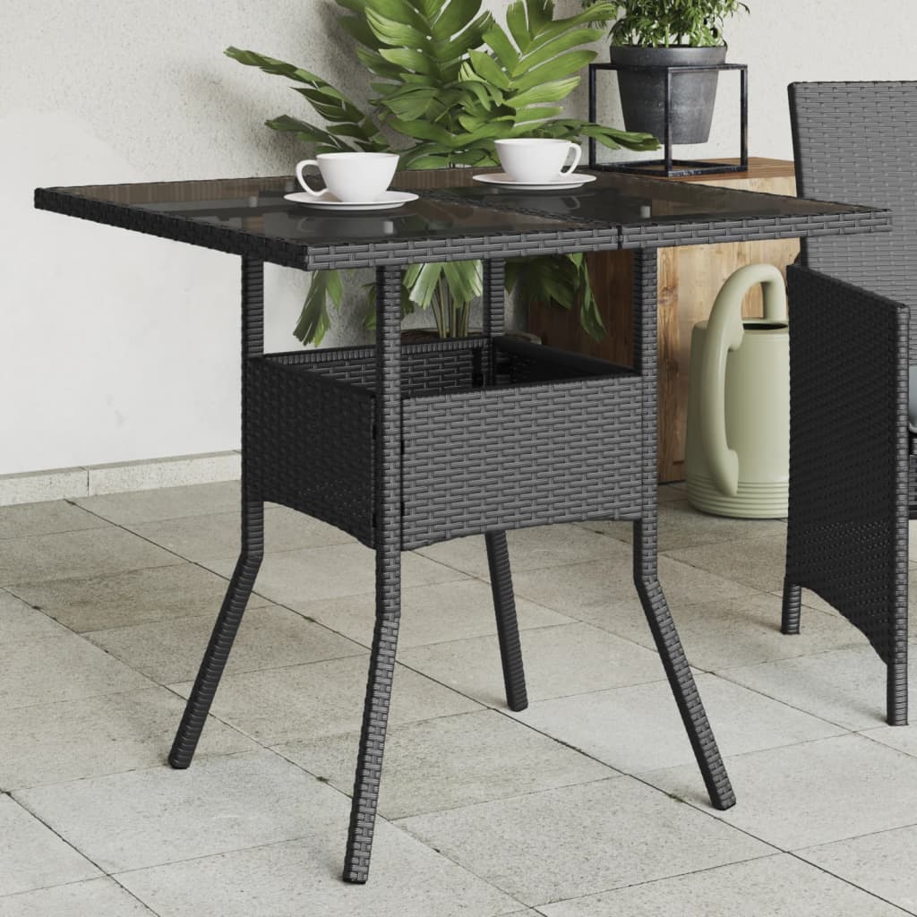 Garden Table with Glass Top Black 80x80x75 cm Poly Rattan - All Things Good