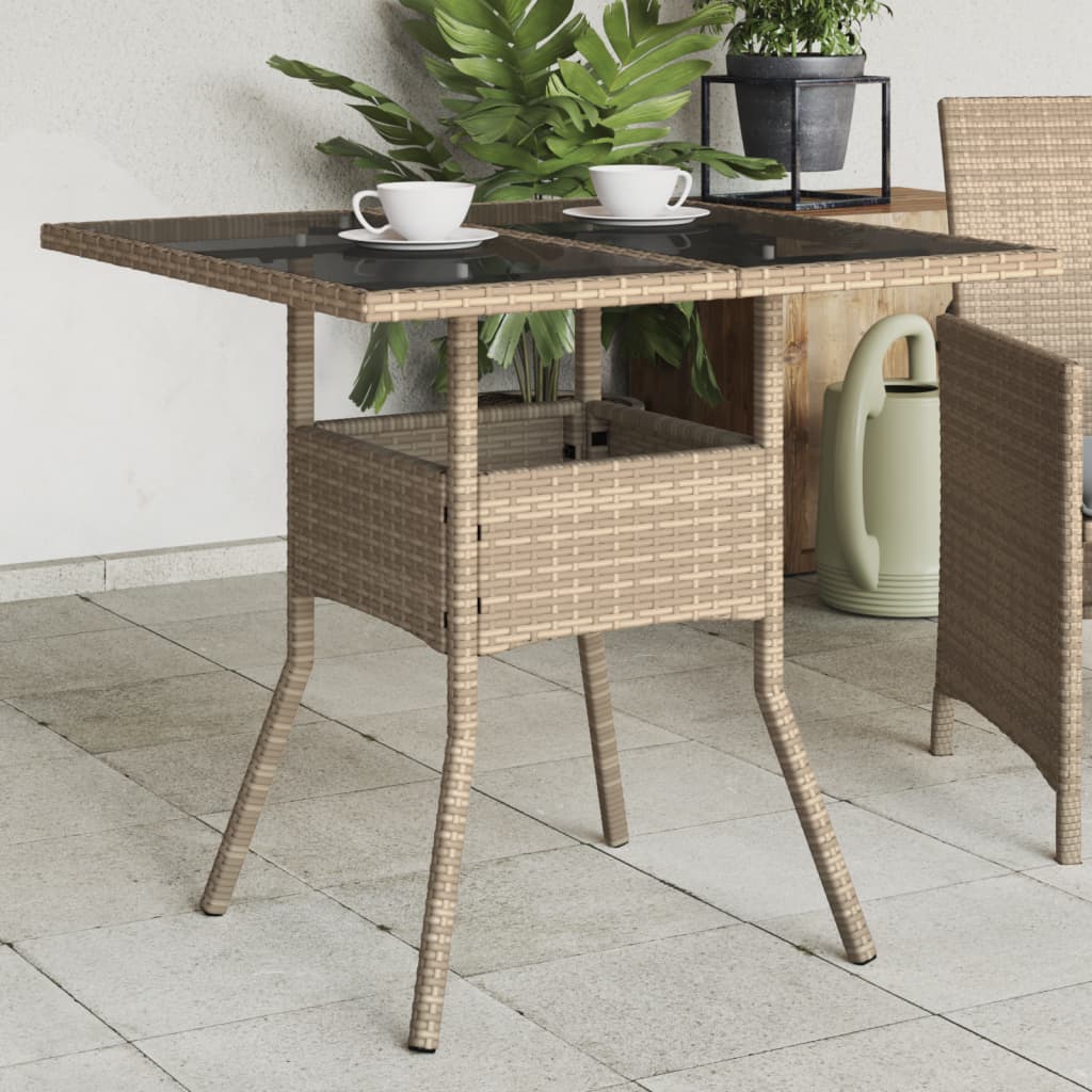 Garden Table with Glass Top Beige 80x80x75 cm Poly Rattan - All Things Good
