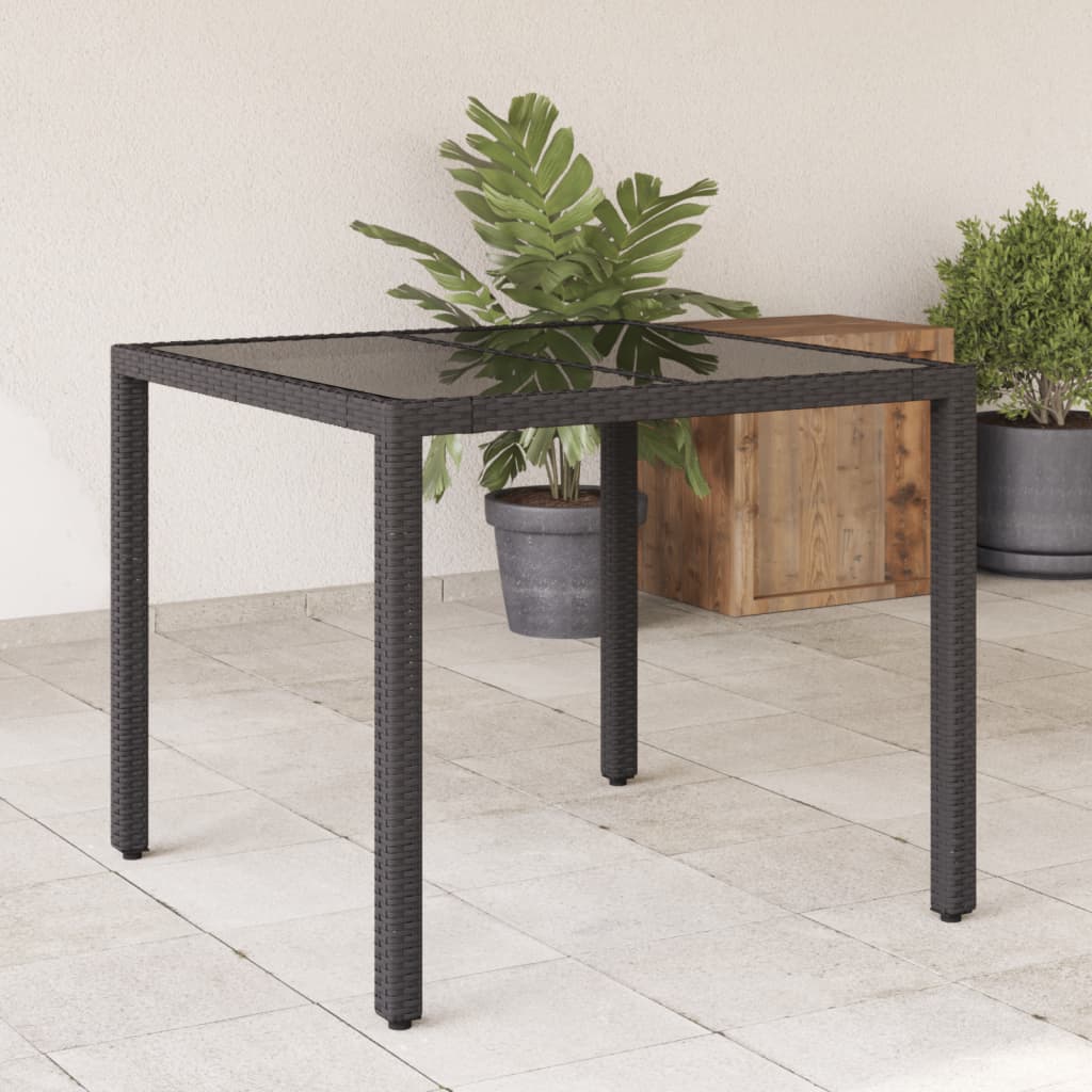 Garden Table with Glass Top Black 90x90x75 cm Poly Rattan - The Home Maker