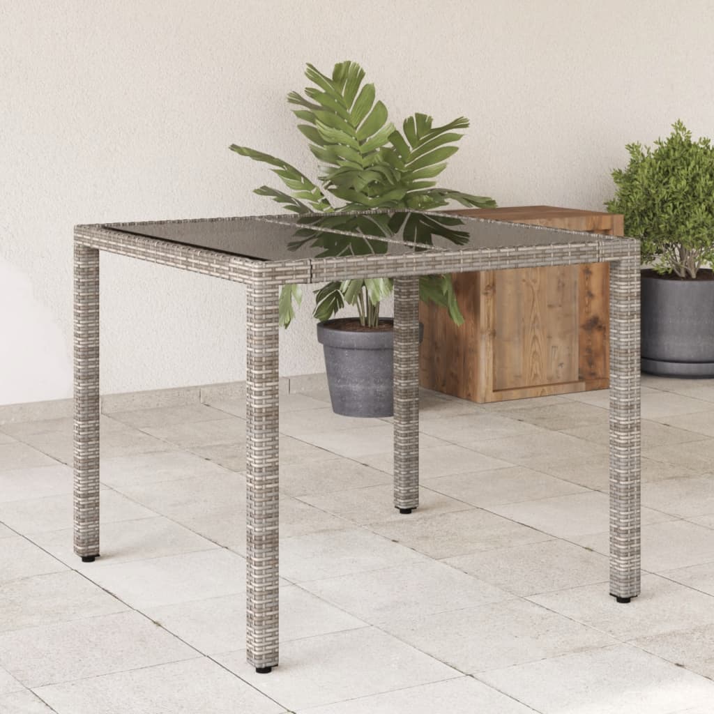 Garden Table with Glass Top Grey 90x90x75 cm Poly Rattan - Decor Base