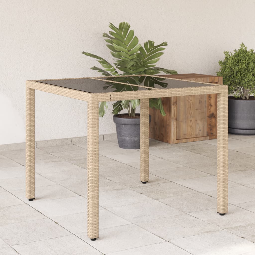 Garden Table with Glass Top Beige 90x90x75 cm Poly Rattan - The Home Maker