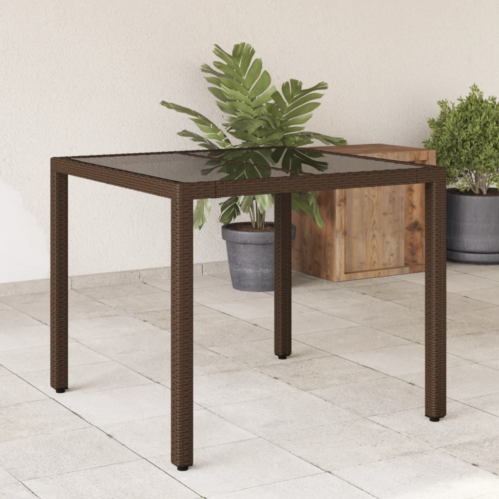Garden Table with Glass Top Brown 90x90x75 cm Poly Rattan - All Things Good