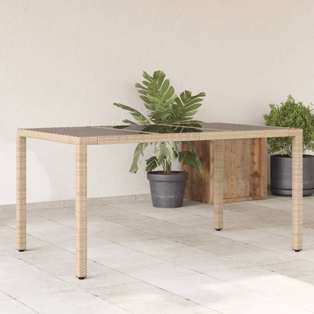Garden Table with Glass Top Beige 150x90x75 cm Poly Rattan - The Home Maker