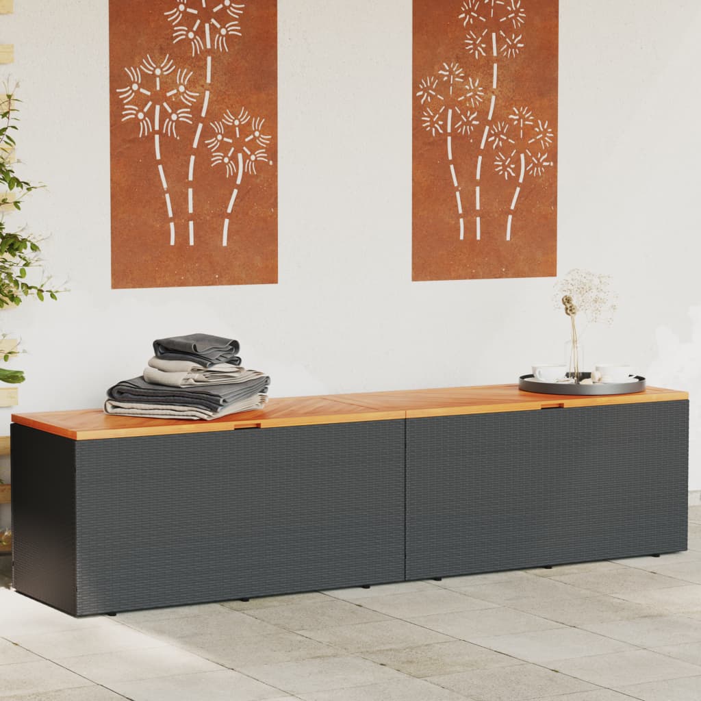 Garden Storage Box Black 220x50x54 cm Poly Rattan Acacia Wood - Merkel Designers