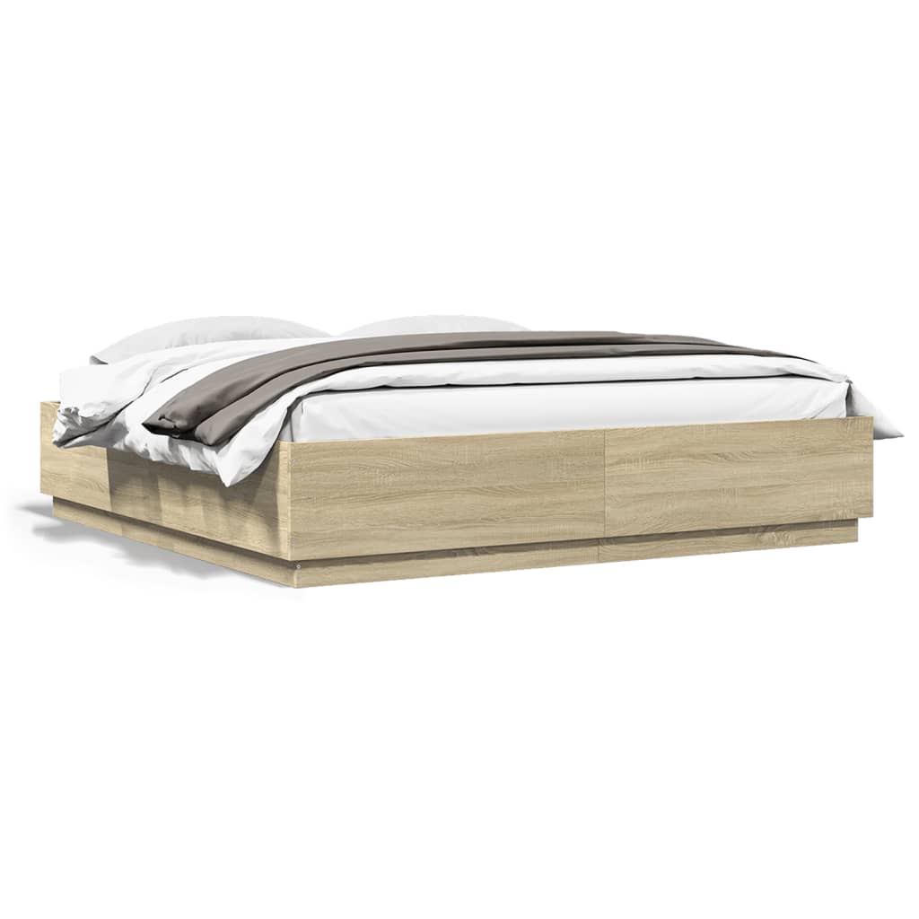 Bed Frame with LED Lights Sonoma Oak 200x200 cm Engineered Wood - All Things Good