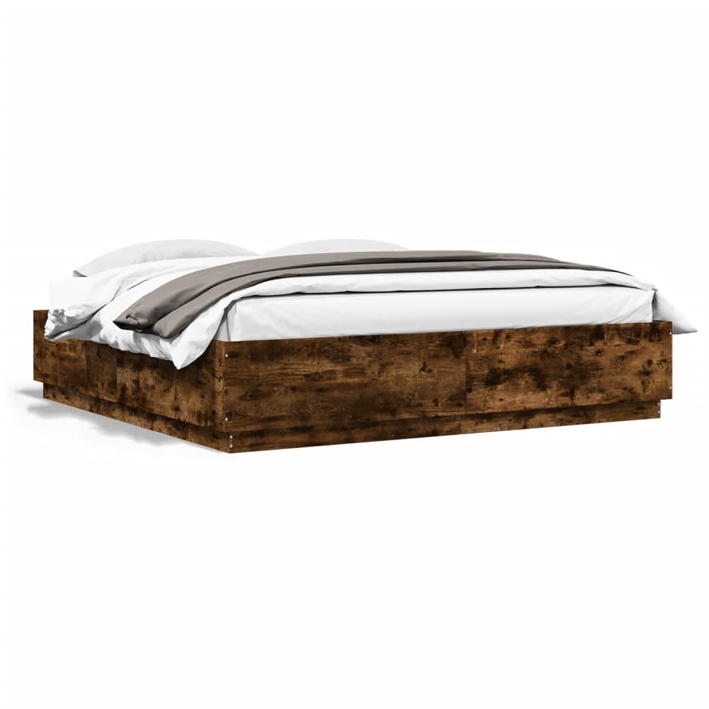 Bed Frame with LED Lights Smoked Oak 200x200 cm Engineered Wood - Unbeatable Bargains