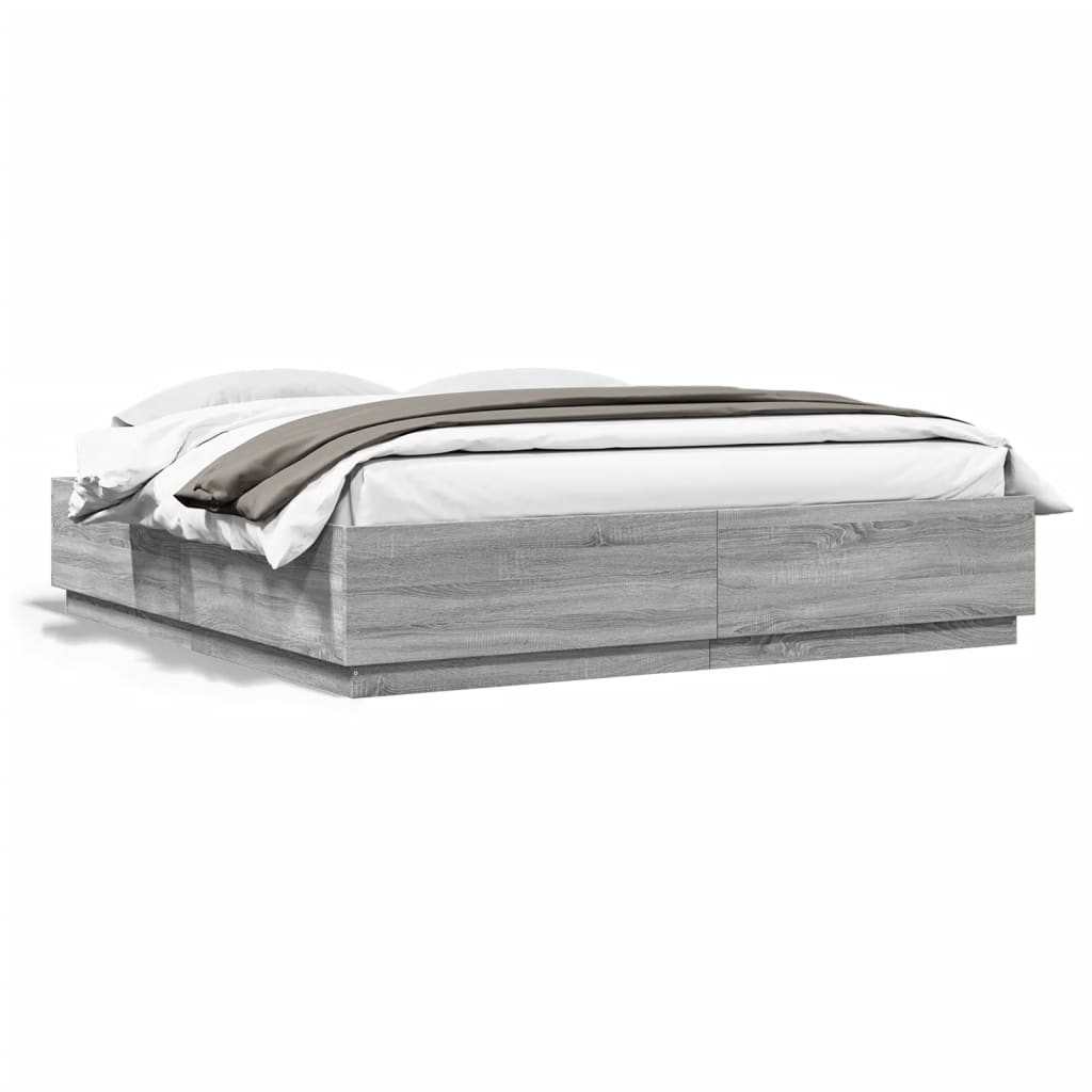 Bed Frame with LED Lights Grey Sonoma 200x200 cm Engineered Wood - The Home Maker