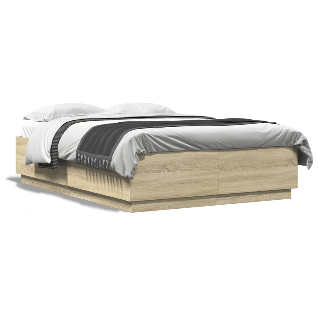Bed Frame with LED Lights Sonoma Oak 140x200 cm Engineered Wood - The Home Maker