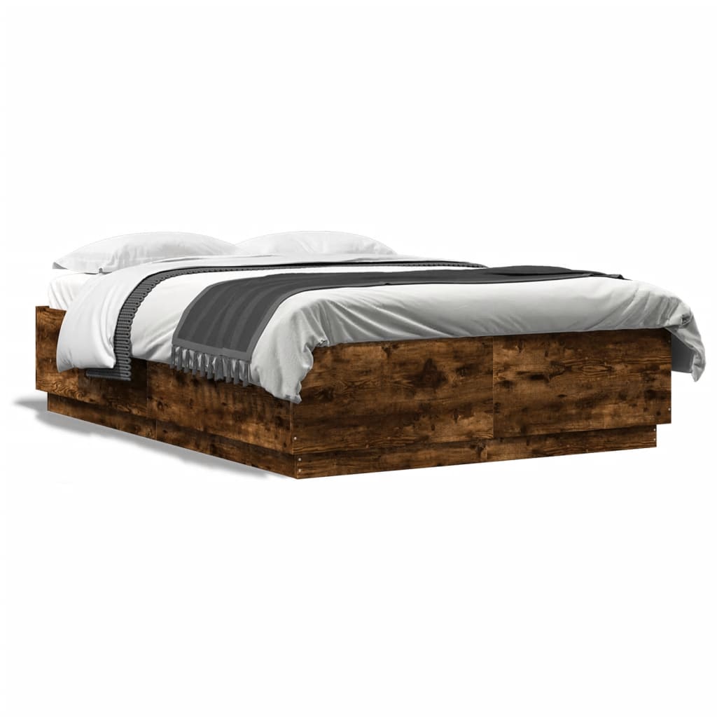 Bed Frame with LED Lights Smoked Oak 140x200 cm Engineered Wood - All Things Good