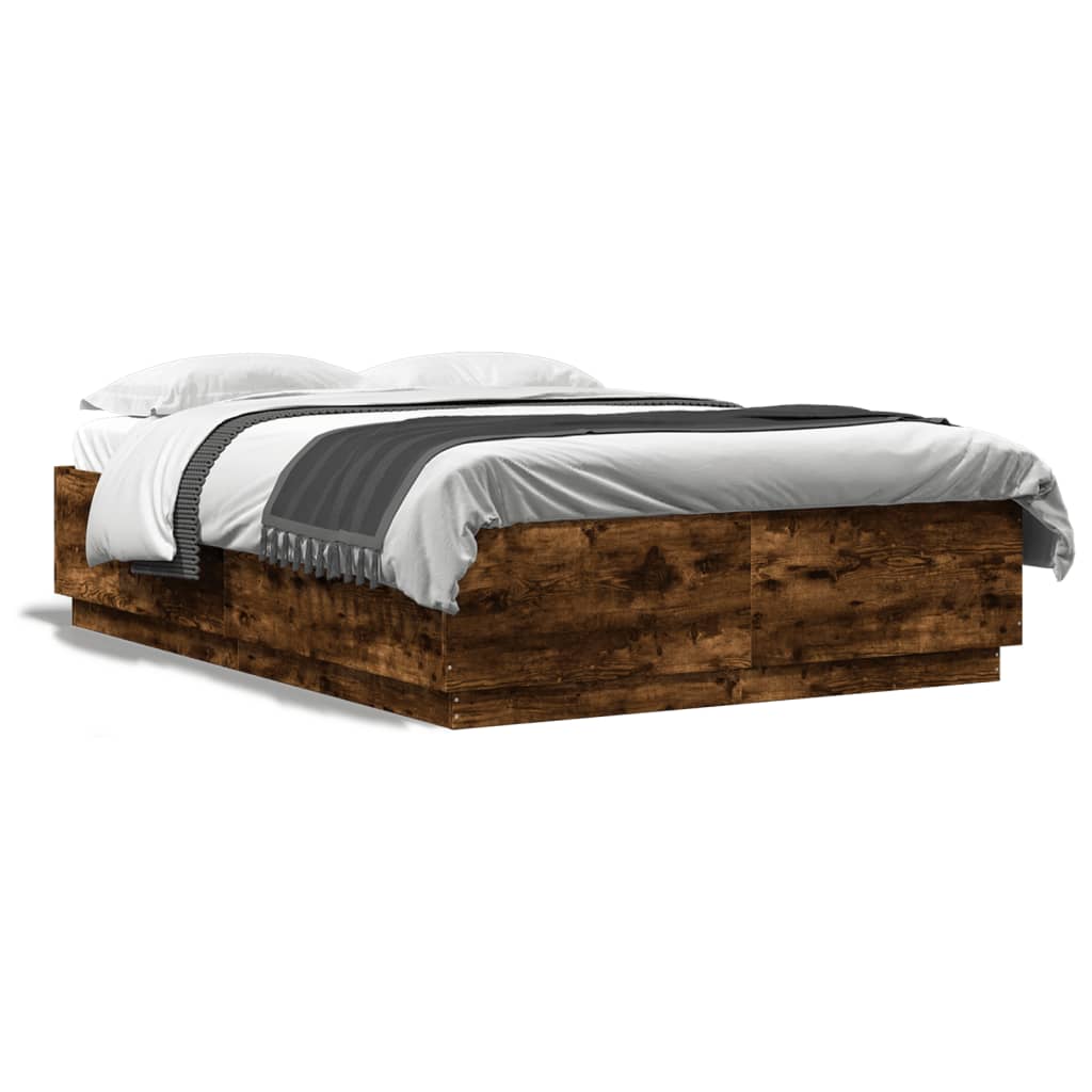Bed Frame with LED Lights Smoked Oak 120x200 cm Engineered Wood - All Things Good