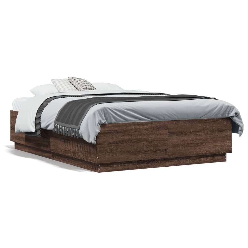 Bed Frame with LED Lights Brown Oak 140x190 cm Engineered Wood - The Home Maker