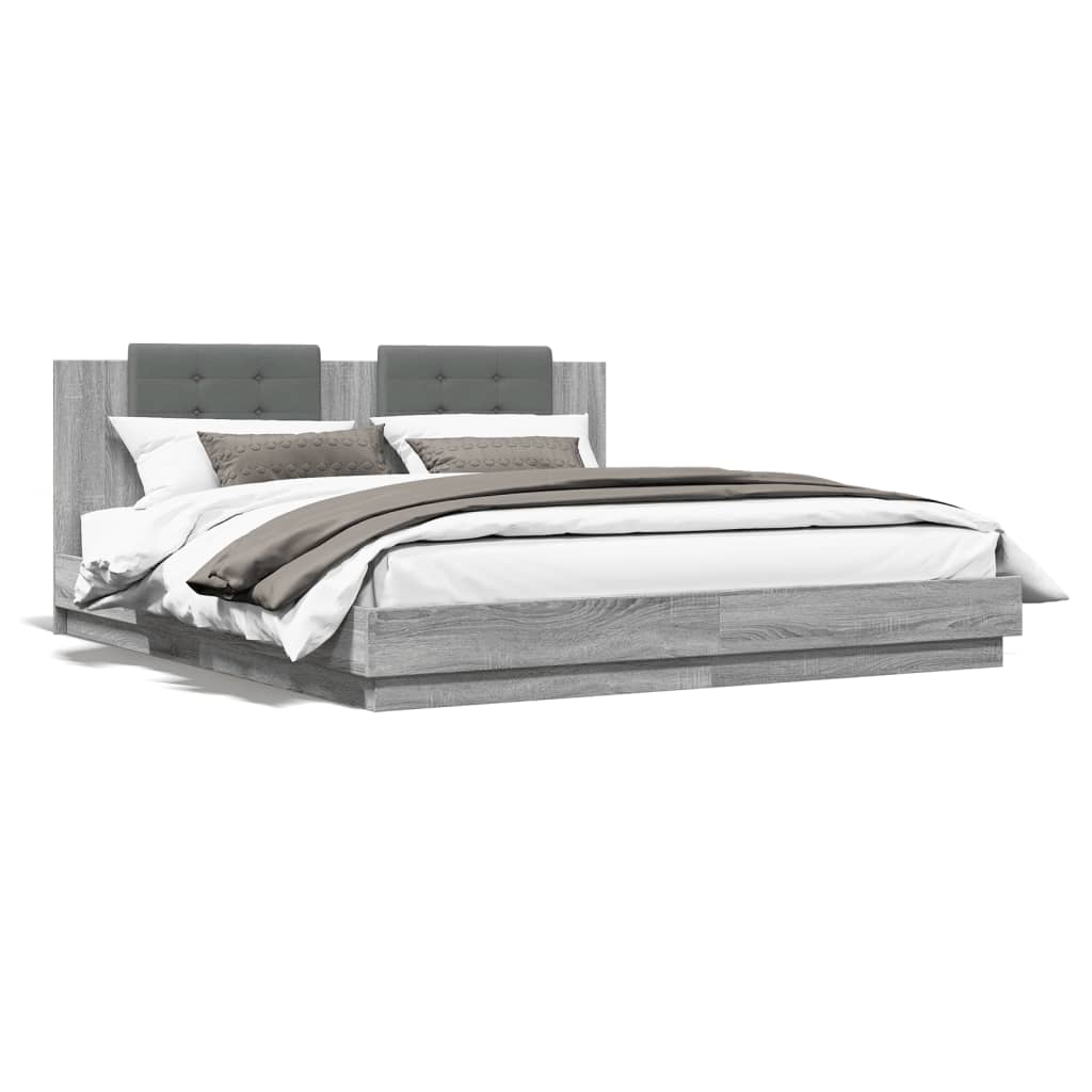 Bed Frame with Headboard Grey Sonoma 200x200cm Engineered Wood - All Things Good
