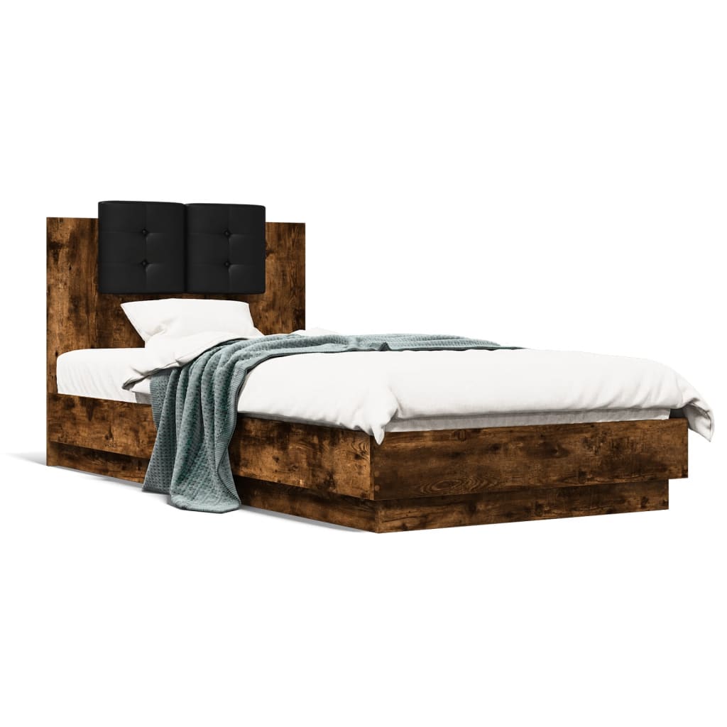 Bed Frame with Headboard Smoked Oak 90x190 cm Single Engineered Wood - All Things Good