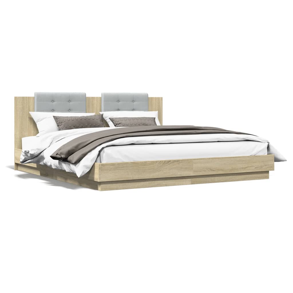 Bed Frame with Headboard and LED Lights Sonoma Oak 200x200 cm - R and M Furniture