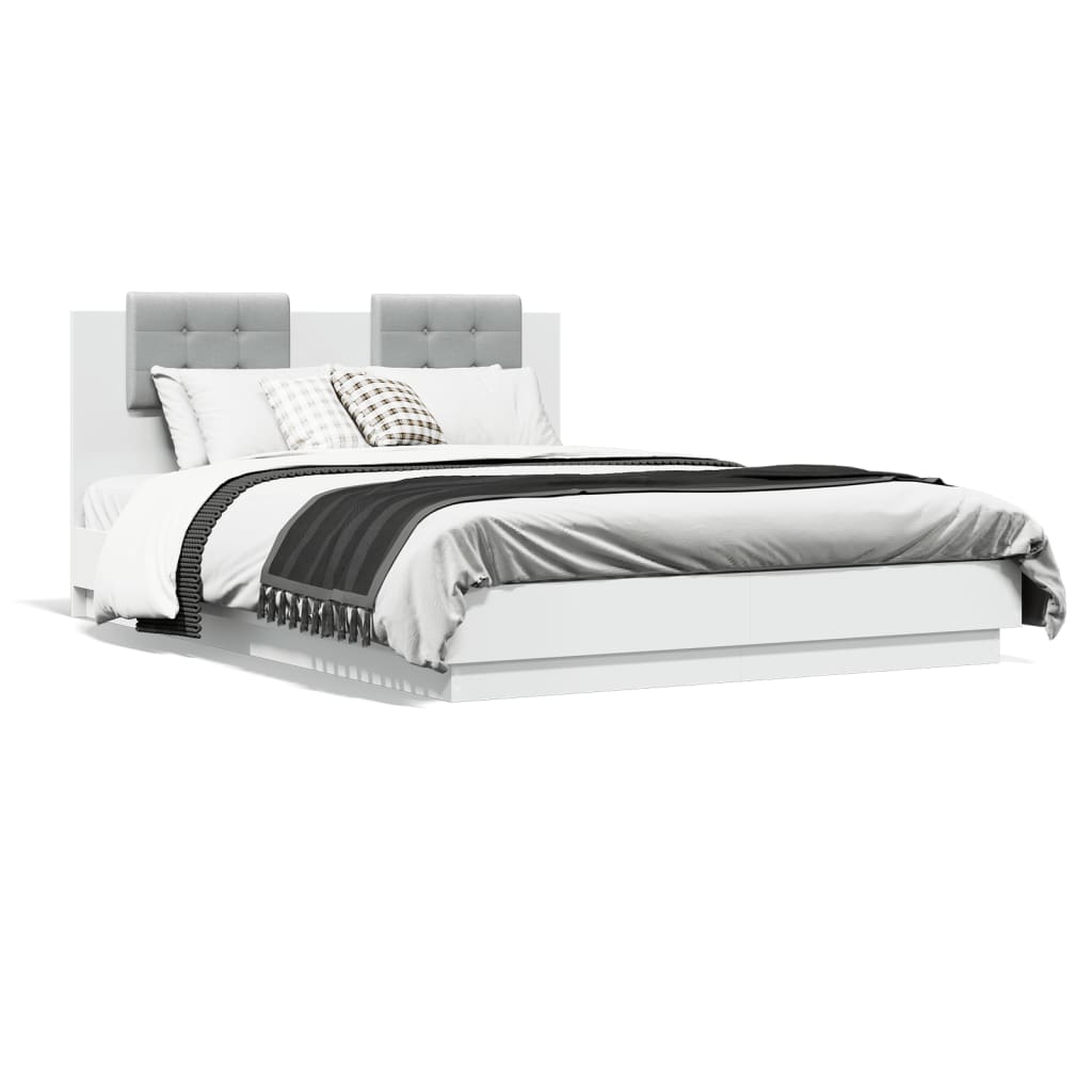 Bed Frame with Headboard and LED Lights White 150x200 cm King Size - Unbeatable Bargains