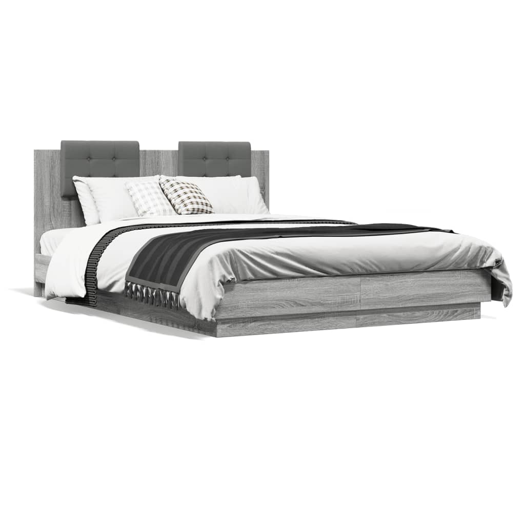 Bed Frame with Headboard and LED Lights Grey Sonoma 140x200 cm - All Things Good
