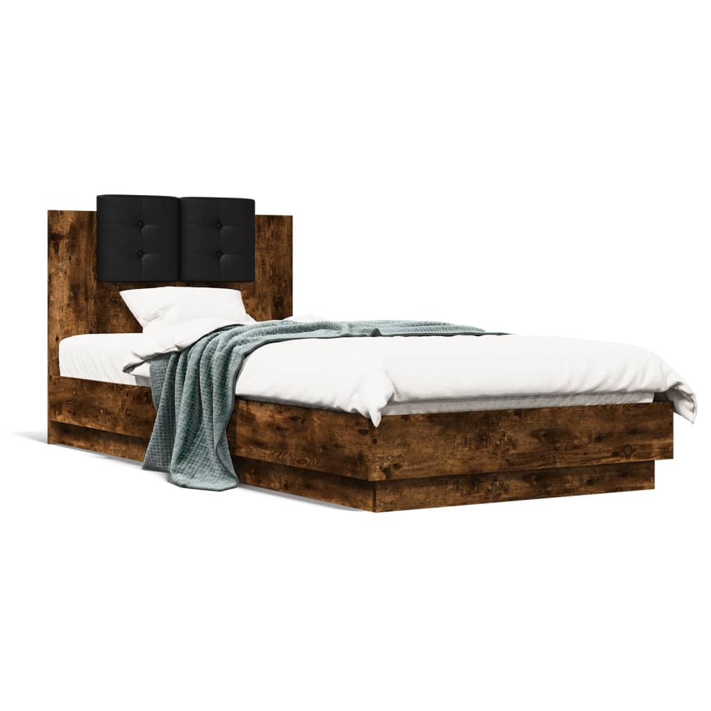 Bed Frame with Headboard and LED Lights Smoked Oak 90x200 cm - R and M Furniture