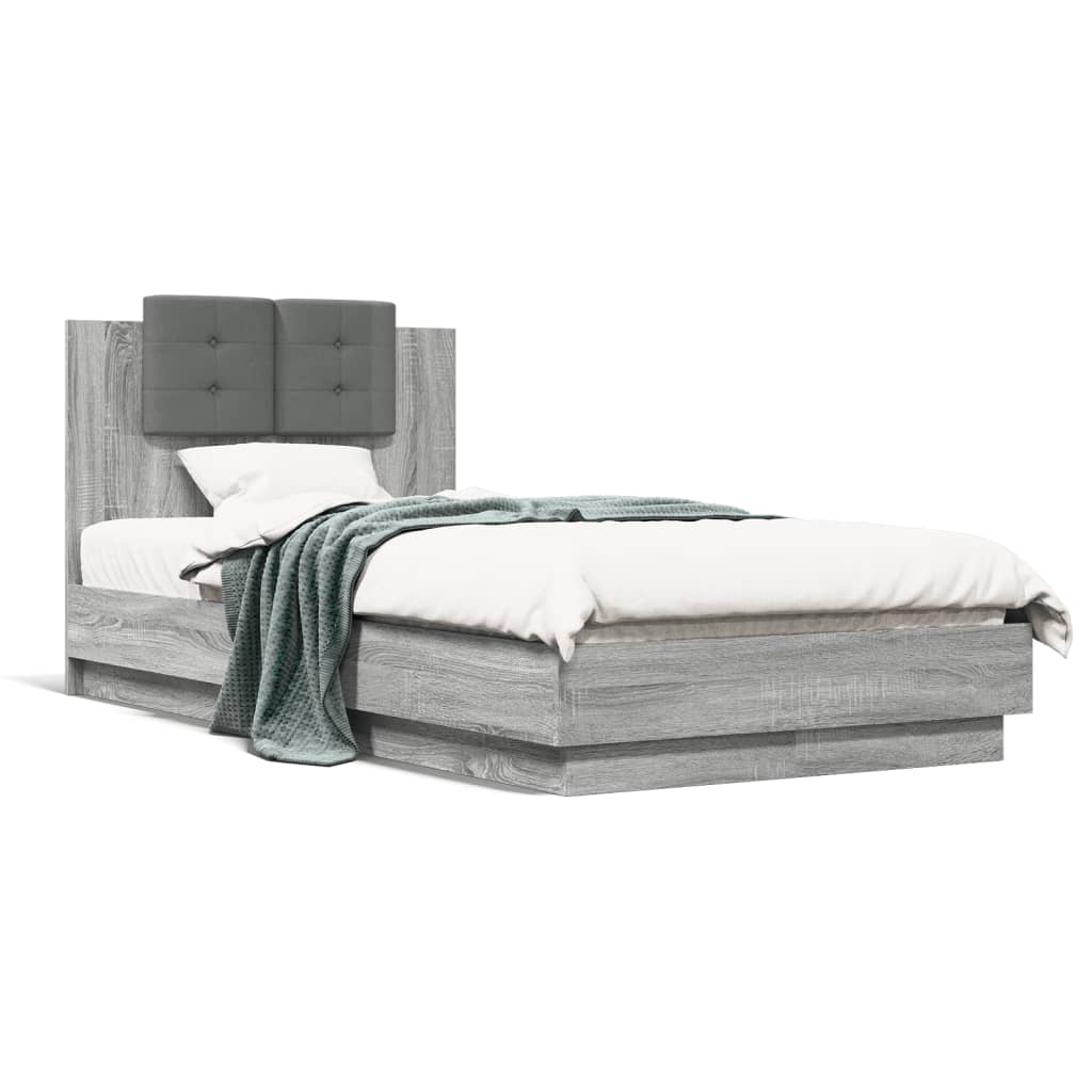 Bed Frame with Headboard and LED Lights Grey Sonoma 75x190 cm Small Single - Decor Base