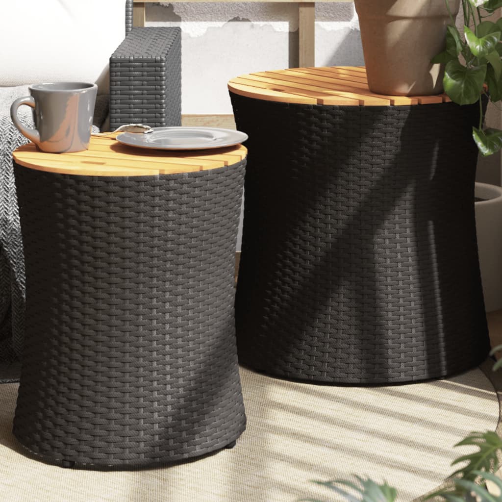 Garden Side Tables 2 pcs with Wooden Top Black Poly Rattan - The Home Maker