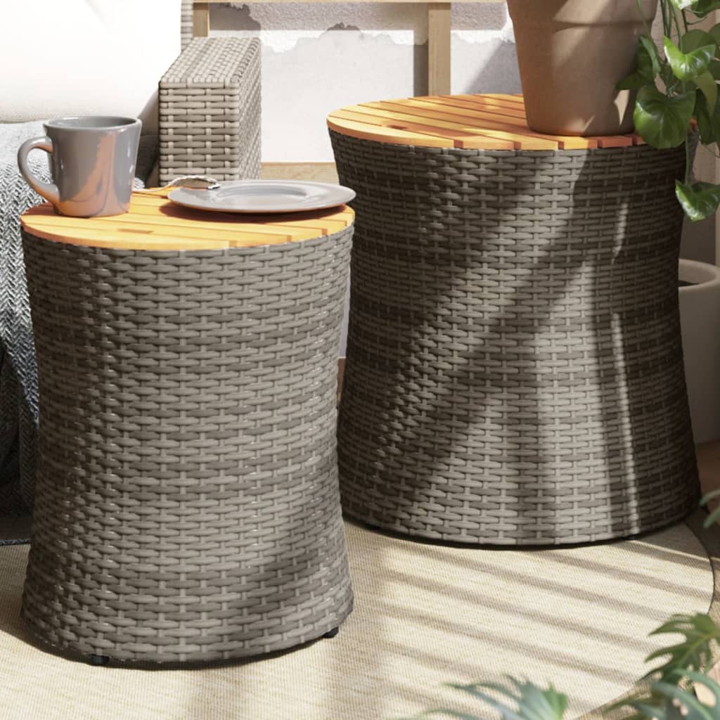 Garden Side Tables 2 pcs with Wooden Top Grey Poly Rattan - Merkel Designers