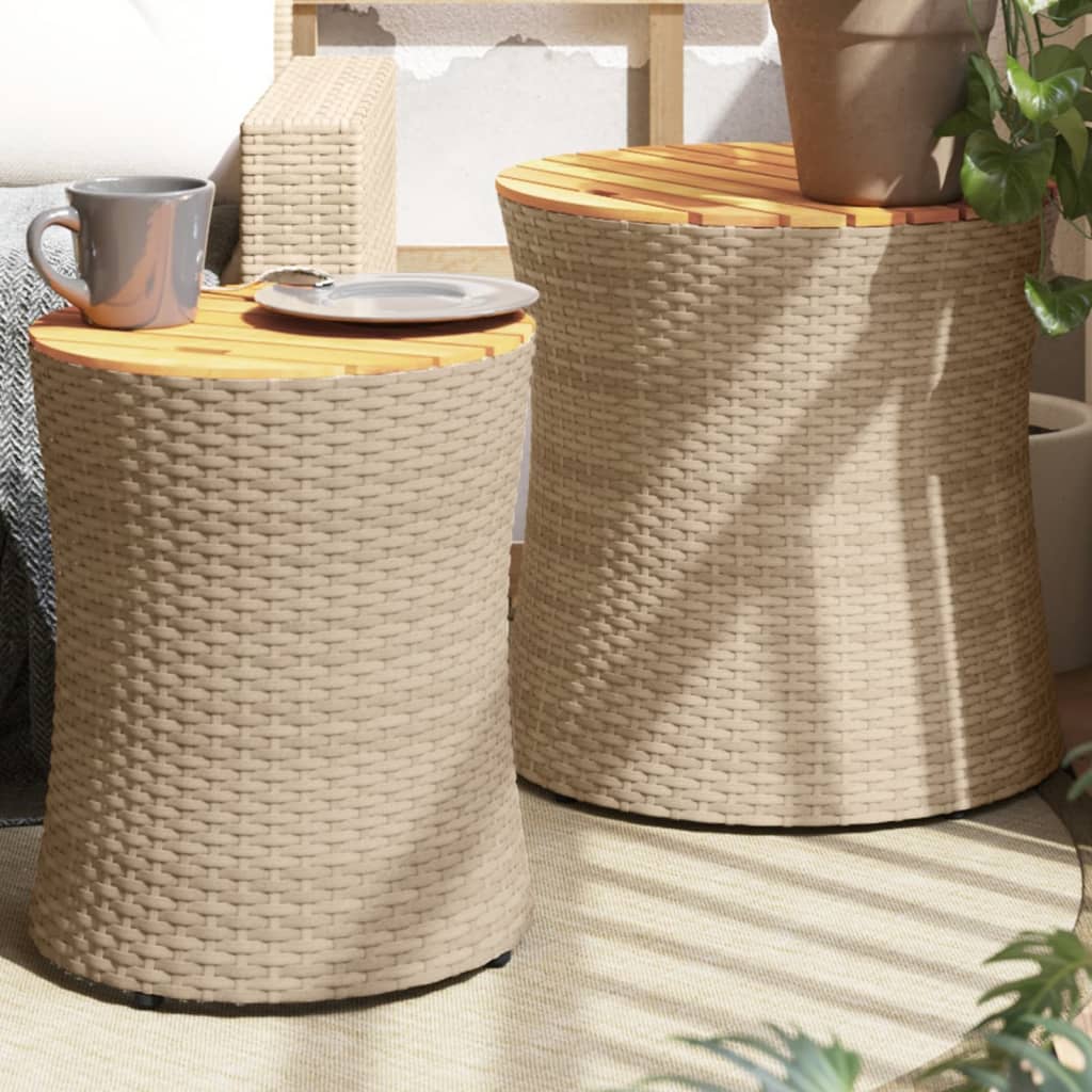 Garden Side Tables 2 pcs with Wooden Top Beige Poly Rattan - Style and Chic