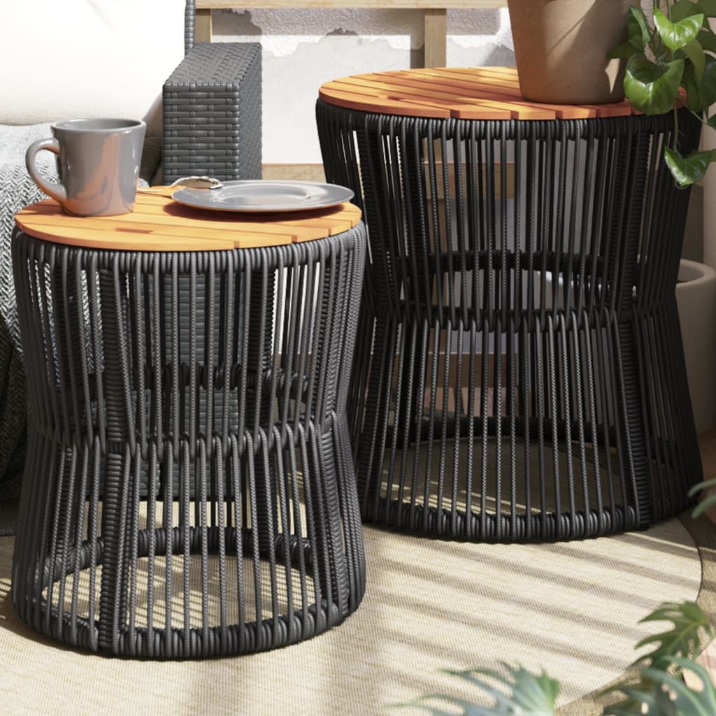 Garden Side Tables 2 pcs with Wooden Top Black Poly Rattan - All Things Good