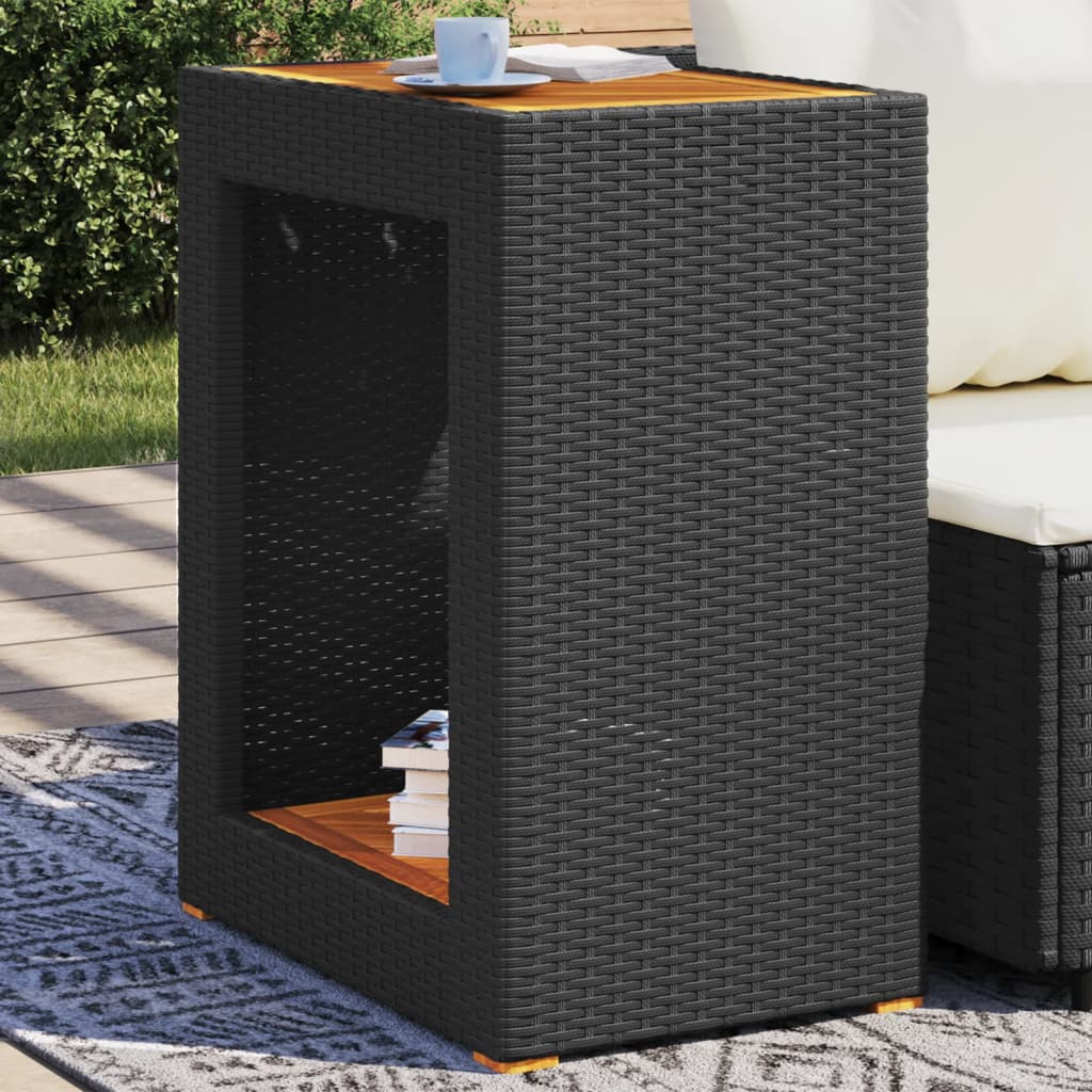 Garden Side Table with Wooden Top Black 60x40x75 cm Poly Rattan - Style and Chic