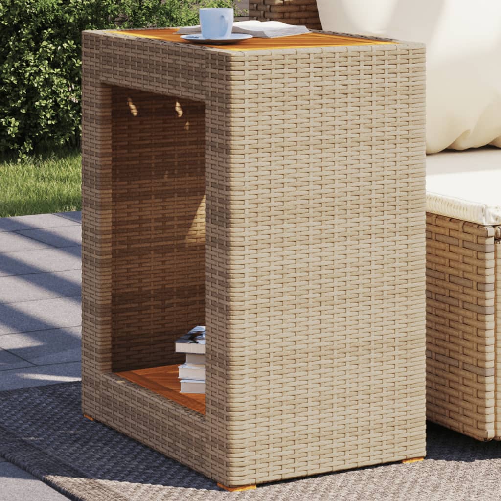 Garden Side Table with Wooden Top Beige 60x40x75 cm Poly Rattan - Merkel Designers