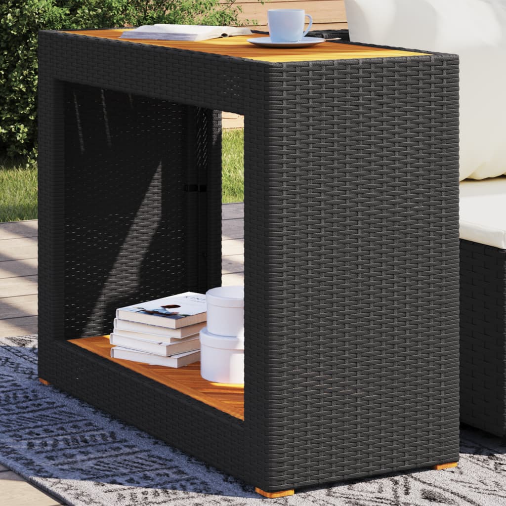 Garden Side Table with Wooden Top Black 100x40x75 cm Poly Rattan - The Home Maker