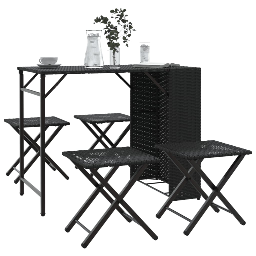 5 Piece Garden Dining Set Foldable Black Poly Rattan - Design Hut