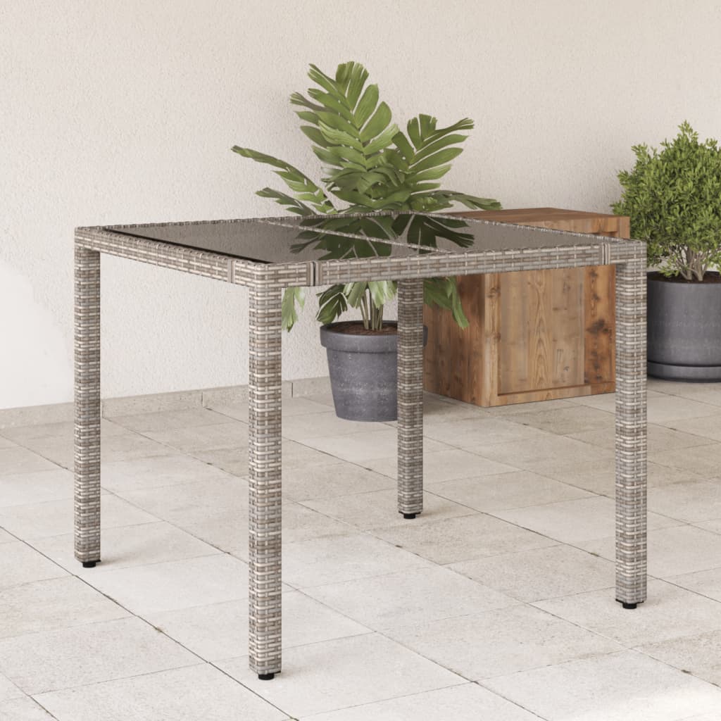 Garden Table with Glass Top Grey 90x90x75 cm Poly Rattan - Decor Base