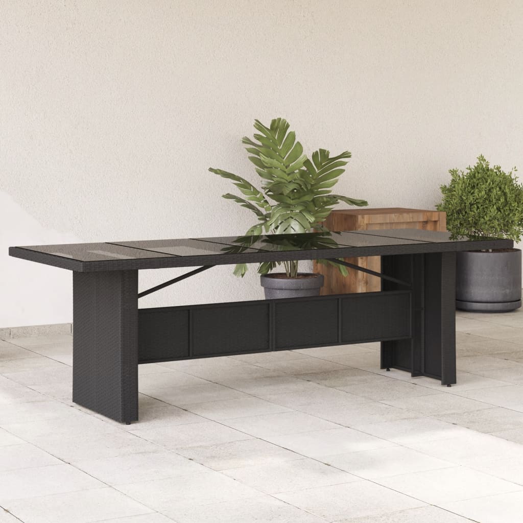 Garden Table with Glass Top Black 240x90x75 cm Poly Rattan - Decor Base