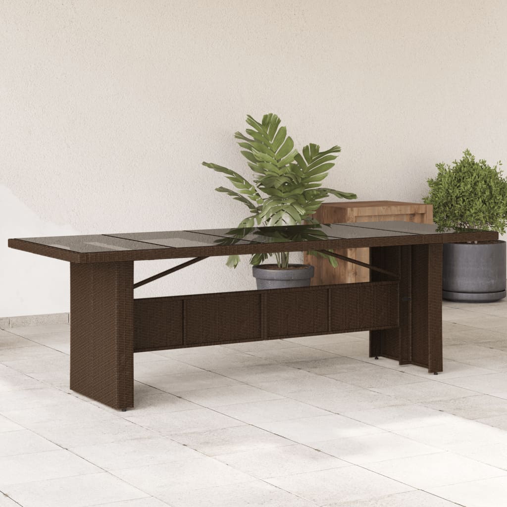 Garden Table with Glass Top Brown 240x90x75 cm Poly Rattan - Decor Base