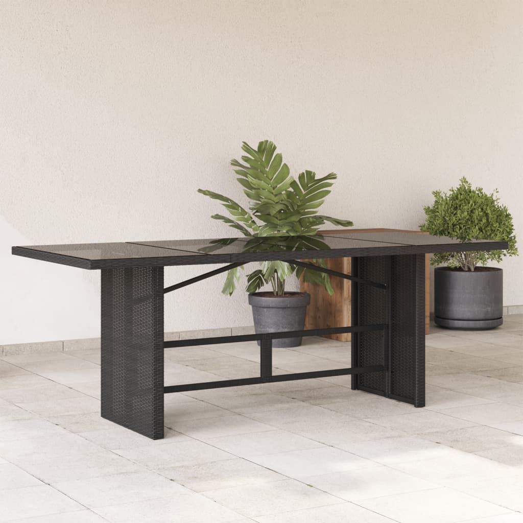 Garden Table with Glass Top Black 190x80x75 cm Poly Rattan - Decor Base