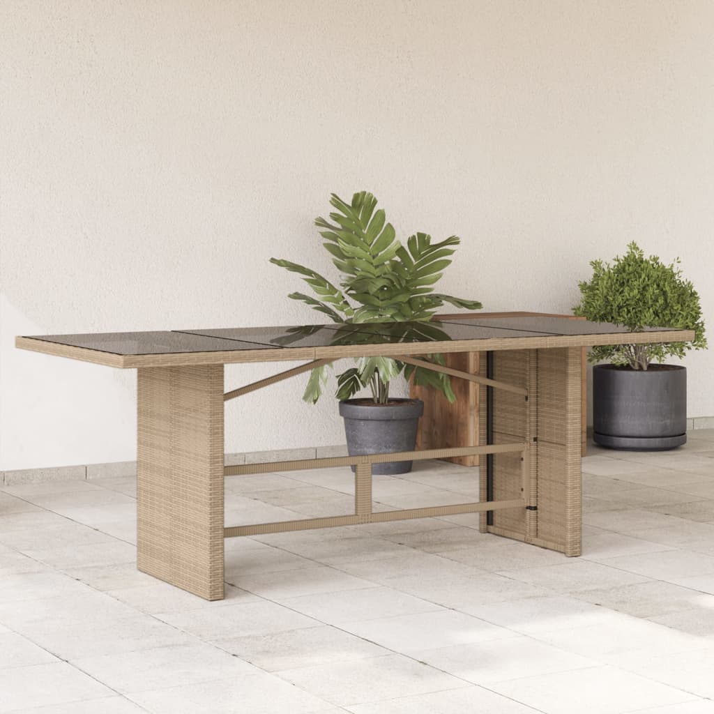 Garden Table with Glass Top Beige 190x80x75 cm Poly Rattan - Decor Base