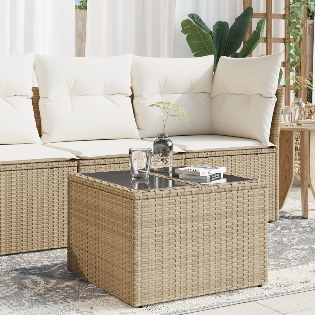 Garden Table with Glass Top Beige 55x55x37 cm Poly Rattan - Casper Homes