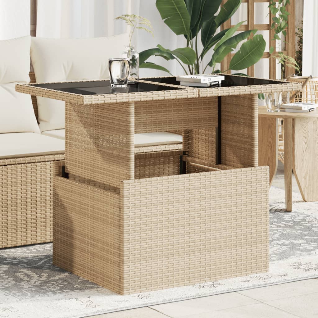 Garden Table with Glass Top Beige 100x55x73 cm Poly Rattan - Decor Base